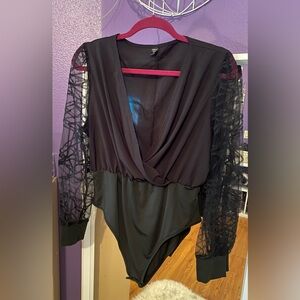 SHEIN Black Asymmetrical Wrap Bodysuit with Long Sleeves🖤